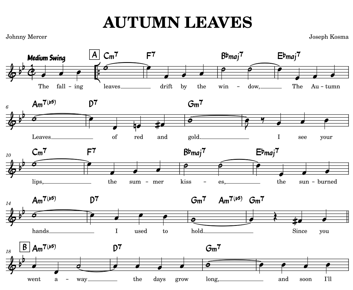 Voorbeeld van een nette, duidelijke lead sheet (Autumn Leaves)